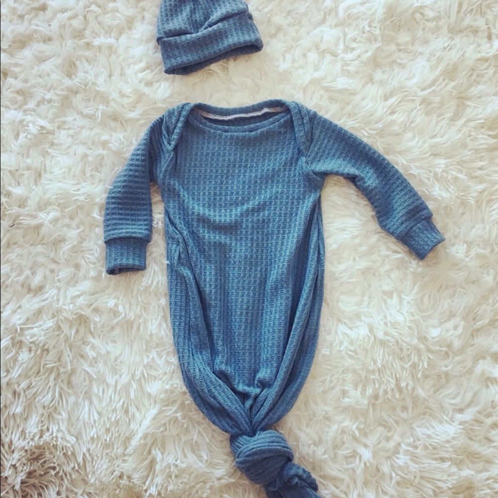 Handmade newborn waffle knit gown and hat.